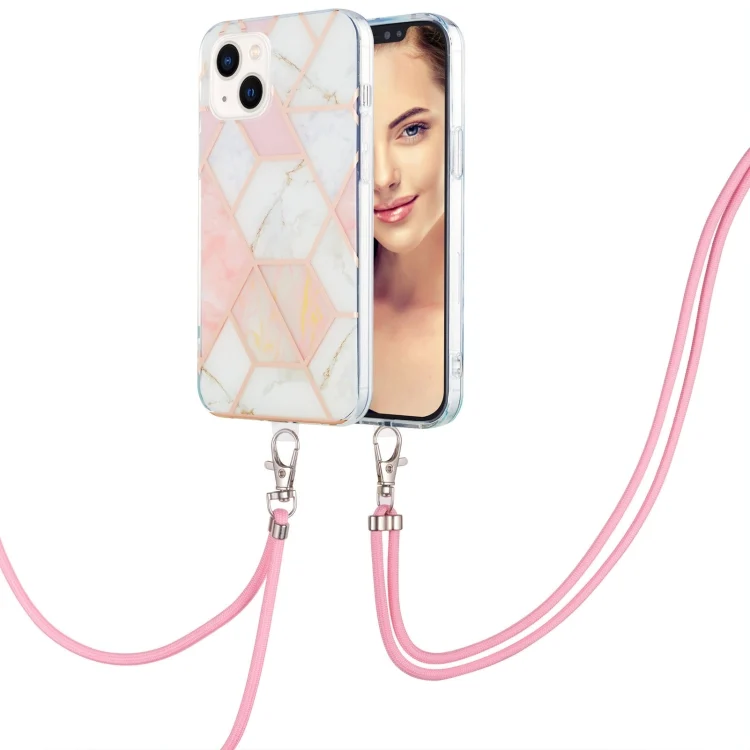 Electroplating Splicing Marble Pattern IMD TPU Shockproof Case with Neck Lanyard, For iPhone 15