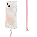 Electroplating Splicing Marble Pattern IMD TPU Shockproof Case with Neck Lanyard, For iPhone 15 - Image 2