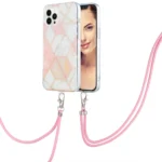 Electroplating Splicing Marble Pattern IMD TPU Shockproof Case with Neck Lanyard, For iPhone 15 Pro Max, For iPhone 15 Pro, For iPhone 15 Plus
