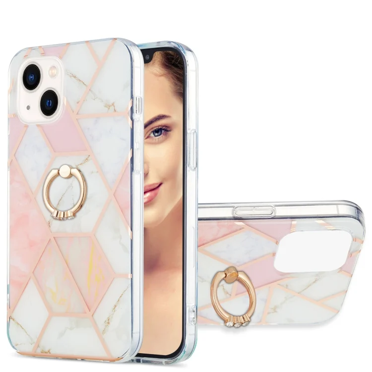 Electroplating Splicing Marble Pattern IMD TPU Shockproof Case with Ring Holder, For iPhone 15