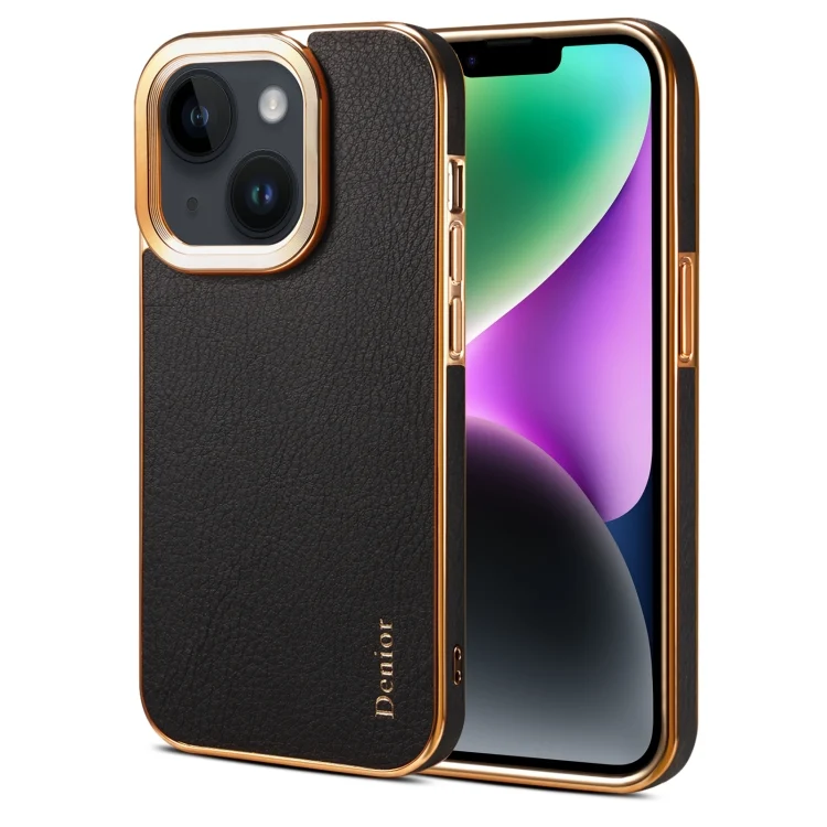 Denior Cowhide Leather Plating Phone Case, For iPhone 14 Plus, For iPhone 15 Pro Max, For iPhone 15 Pro, For iPhone 14, For iPhone 14 Pro