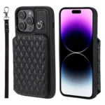 Grid Texture Card Bag Phone Case with Lanyard, For iPhone 15 Pro Max, For iPhone 15 Pro, For iPhone 15 Plus, For iPhone 15