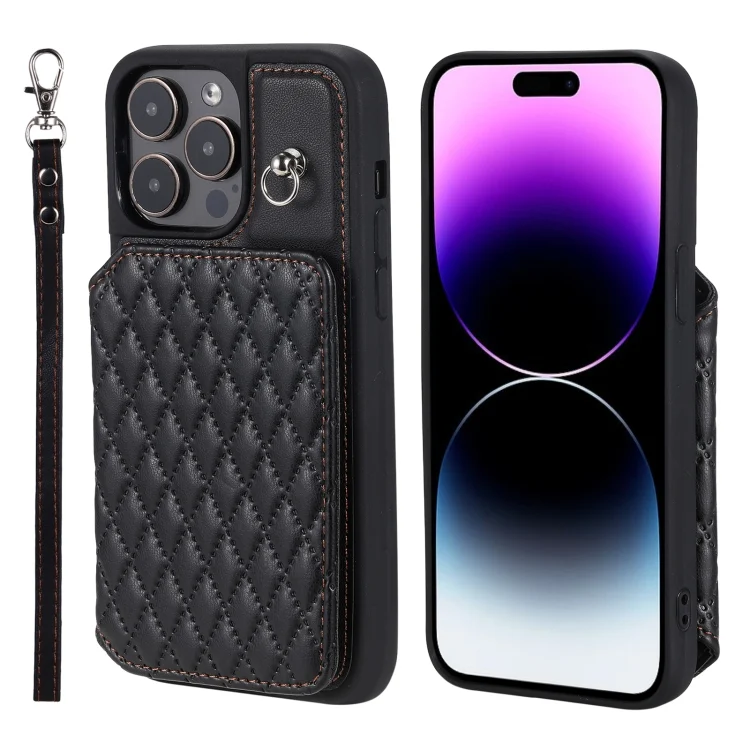 EDA005247408A.webp Grid Texture Card Bag Phone Case with Lanyard, For iPhone 13 Pro Max, For iPhone 13 Pro, For iPhone 13, For iPhone 12 / 12 Pro - Image 1