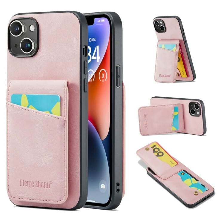 Fierre Shann Crazy Horse Card Holder Back Cover PU Phone Case, For iPhone 15 Plus, For iPhone 15