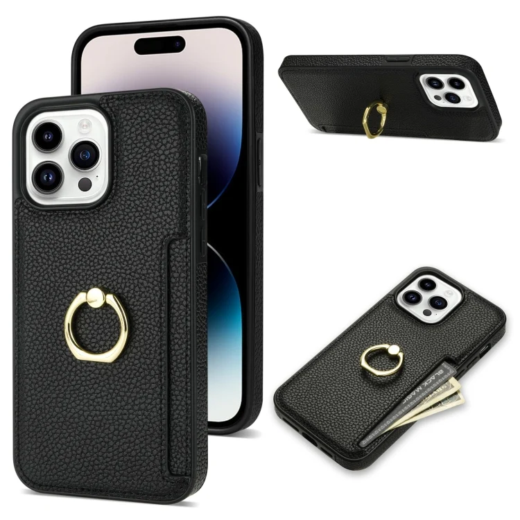 Ring Card  Litchi Leather Back Phone Case, For iPhone 15 Pro Max, For iPhone 15 Pro, For iPhone 15 Plus