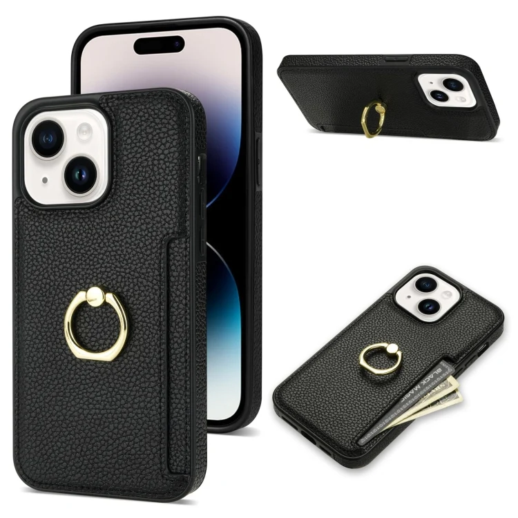 Ring Card  Litchi Leather Back Phone Case, For iPhone 15, For iPhone 14 Plus, For iPhone 14
