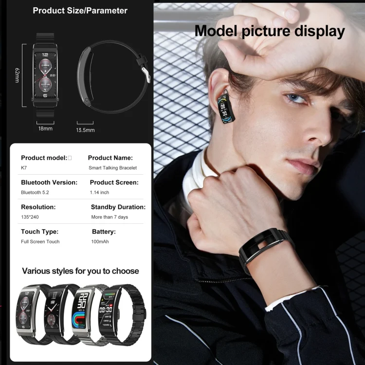 EDA0057154_B4.webp K7 1.14 inch TFT Screen Smart Call Bracelet, BT Call / Heart Rate / Blood Pressure / Blood Oxygen - Image 5