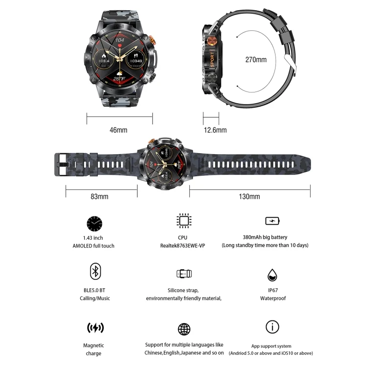 EDA0058714_B1.webp K59 IP67 BT5.0 1.43inch Smart Watch Support Voice Call / Sleep Detection - Image 2