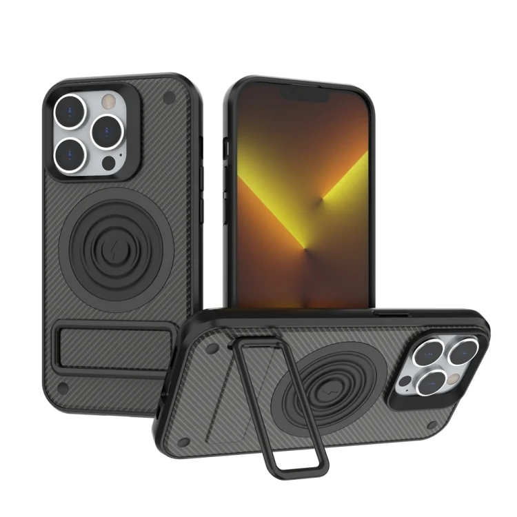 Carbon Fiber Texture PC + TPU Phone Case with Metal Holder, For iPhone 14 Pro, For iPhone 14 Pro Max