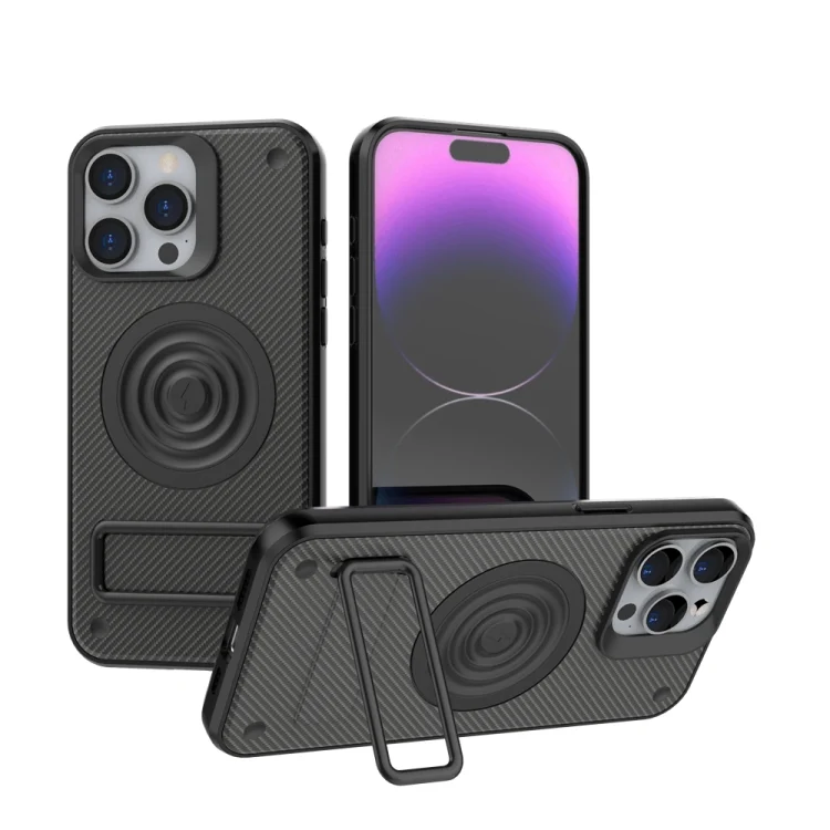 Carbon Fiber Texture PC + TPU Phone Case with Metal Holder, For iPhone 15 Pro Max, For iPhone 15 Pro, For iPhone 15 Plus