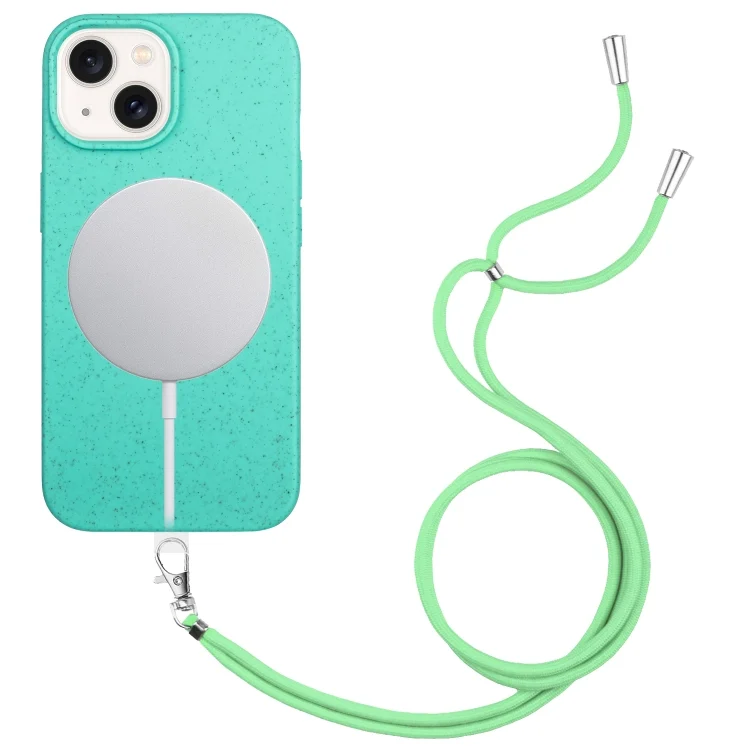 Wheat MagSafe Magnetic Straw Material + TPU Phone Case with Lanyard, For iPhone 15 Plus, For iPhone 15