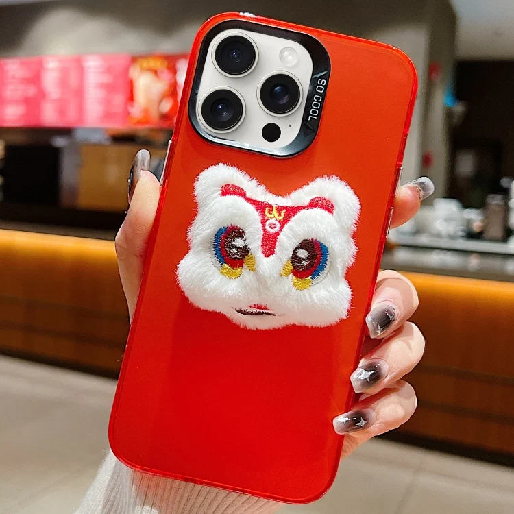 New Year Lion Dance Plush Doll Phone Case, For iPhone 15 Pro Max, For iPhone 15 Pro, For iPhone 15 Plus