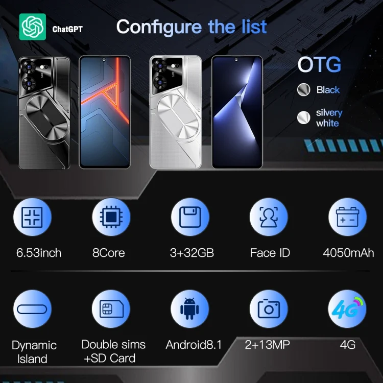 EDA0061584_B2.webp Povo5pro / PU31, 6.53 inch Face Identification Android 8.1 MTK6753 Octa Core, Network: 4G, AI GPT4, Dual SIM - Image 3