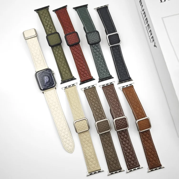 EDA0061708_B4.webp Rhombus Pattern Magnetic Square Buckle Leather Watch Band, For Apple Watch Series 6 40mm, For Apple Watch Series 6 44mm - Image 5