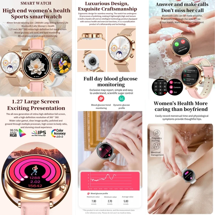 EDA0062300_B1.webp T86 Woman Health 1.27 inch Smart Watch, BT Call / Physiological Cycle / Heart Rate / Blood Pressure / Blood Glucose / SOS - Image 2