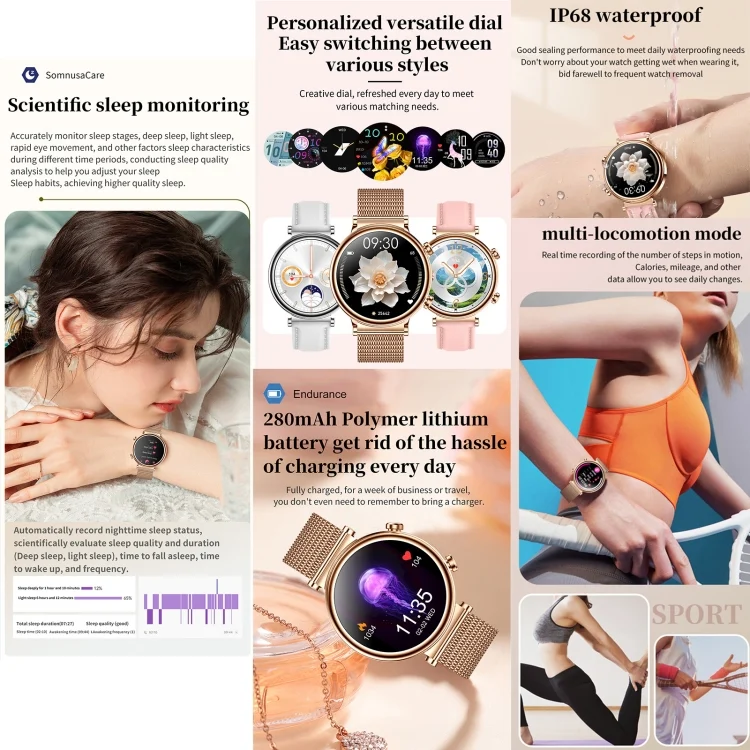 EDA0062300_B3.webp T86 Woman Health 1.27 inch Smart Watch, BT Call / Physiological Cycle / Heart Rate / Blood Pressure / Blood Glucose / SOS - Image 4