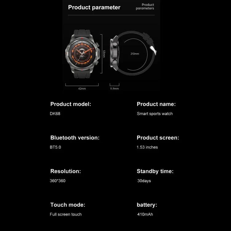 EDA0065101_B10.webp DK68 1.53 inch IP67 BT 5.0 Fitness Sport Smart Watch, Support LED Flashlight / Bluetooth Call / Sleep / Blood Oxygen / Heart Rate / Blood Pressure Health Monitor - Image 11