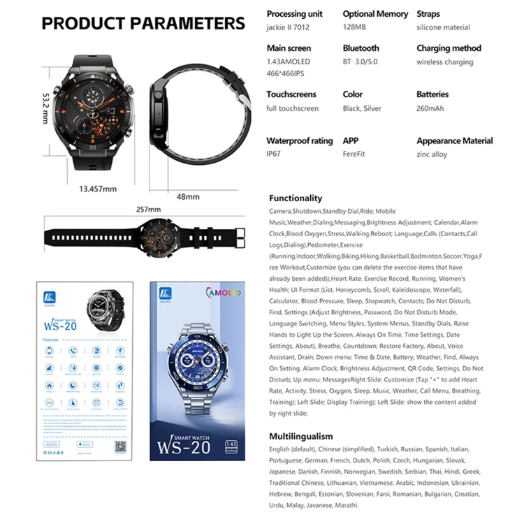 EDA0065184_B9.webp WS-20 1.43 inch IP67 Sport Smart Watch Support Bluetooth Call / Sleep / Blood Oxygen / Heart Rate / Blood Pressure Health Monitor - Image 10