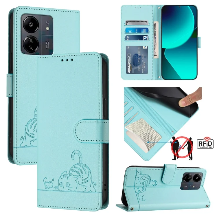 Cat Rat Embossed Pattern RFID PU Phone Case with Wrist Strap, For Xiaomi POCO M6 5G Global, For Xiaomi Redmi Note 13 4G Global, For Xiaomi Redmi K70E