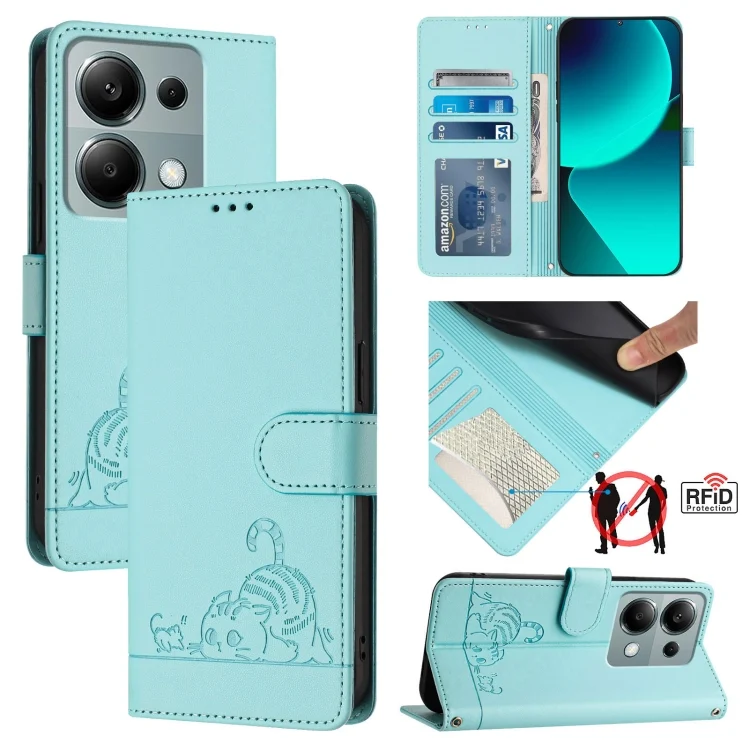 Cat Rat Embossed Pattern RFID PU Phone Case with Wrist Strap, For Xiaomi Redmi Note 13 Pro 4G Global, For Xiaomi POCO M6 Pro 4G, For Xiaomi POCO  X6 Neo 5G Global