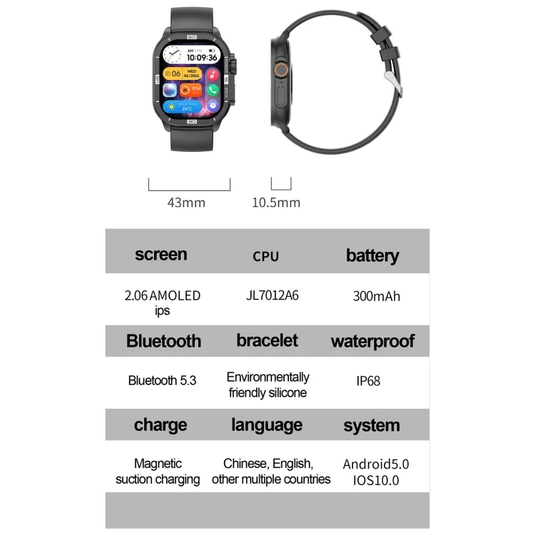 EDA0066902_B1.webp HK96S 2.06 inch BT5.3 IP68 Sport Smart Watch, Support Bluetooth Call / Sleep / Blood Oxygen / Heart Rate / Blood Pressure Health Monitor - Image 2