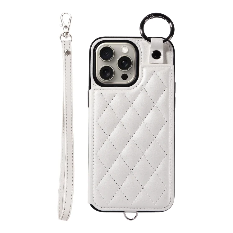 Rhombic Texture Card Bag Phone Case with Short Lanyard, For iPhone 15 Pro Max, For iPhone 15 Pro