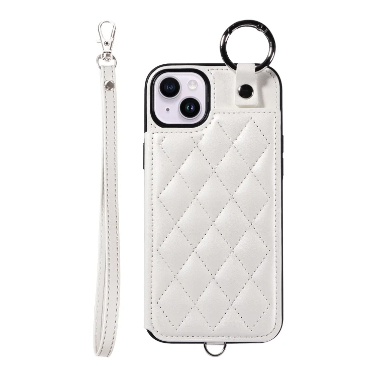 Rhombic Texture Card Bag Phone Case with Short Lanyard, For iPhone 15 Plus / 14 Plus, For iPhone 15