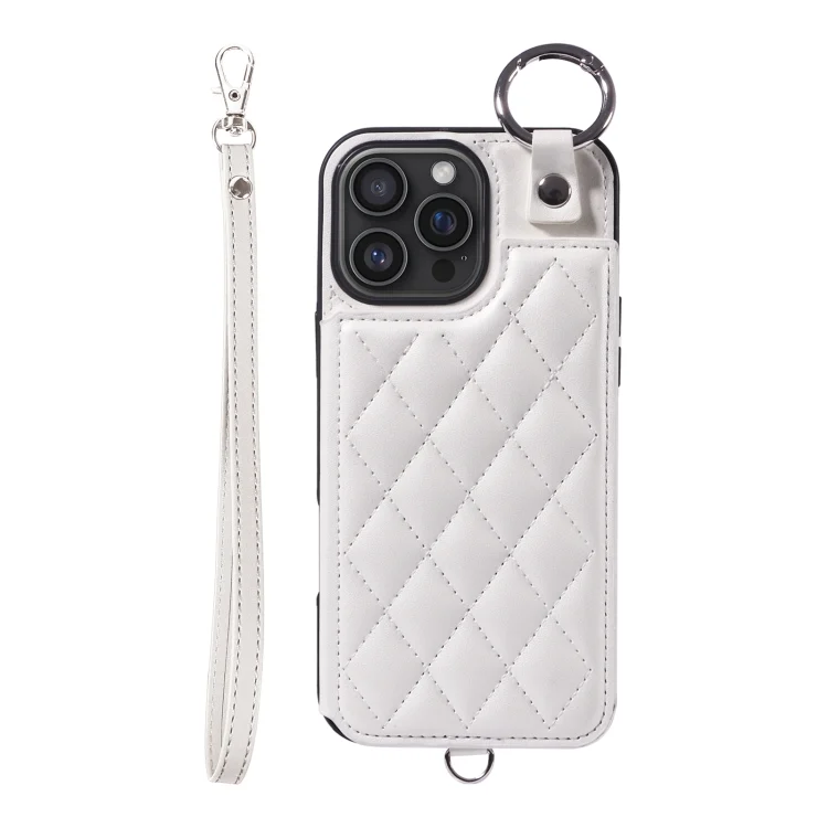 Rhombic Texture Card Bag Phone Case with Short Lanyard, For iPhone 16 Pro Max, For iPhone 16 Pro