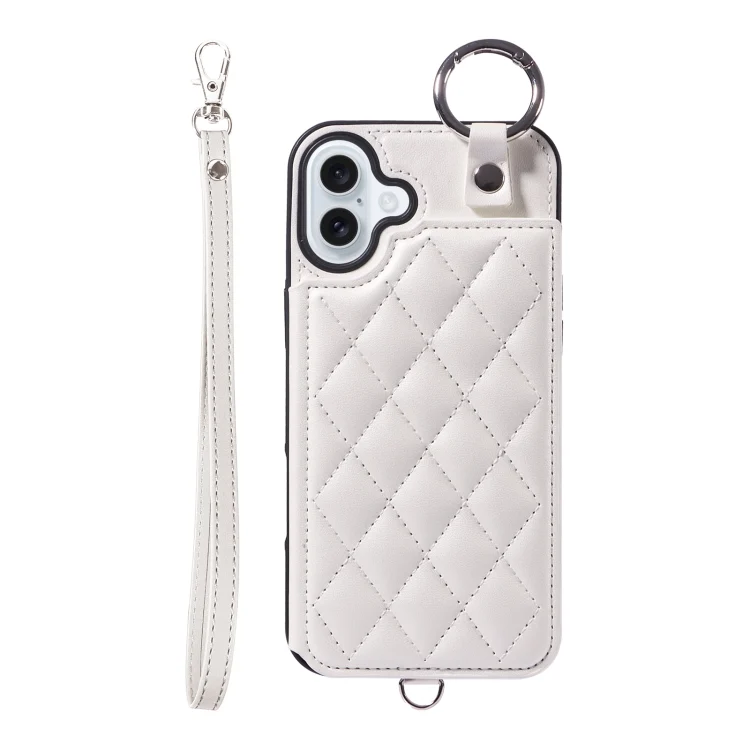 Rhombic Texture Card Bag Phone Case with Short Lanyard, For iPhone 16 Plus, For iPhone 16
