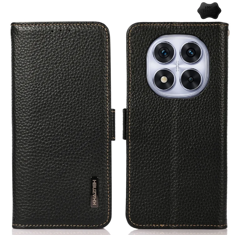 KHAZNEH Side-Magnetic Litchi Genuine Leather RFID Phone Case, For Redmi Note 14 Pro 5G, For Redmi 14C 4G, For Redmi 13 4G