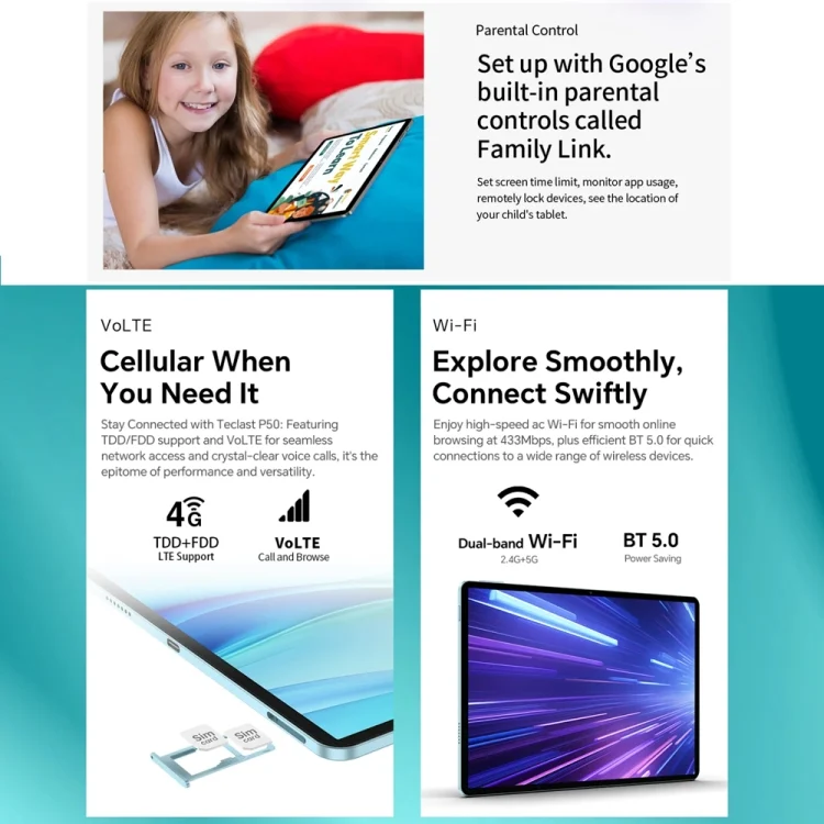 EDA006789601A_18.webp Teclast P50 Tablet PC 11 inch,  Android 14 Unisoc T606 Octa Core, 4G LTE Dual SIM - Image 19