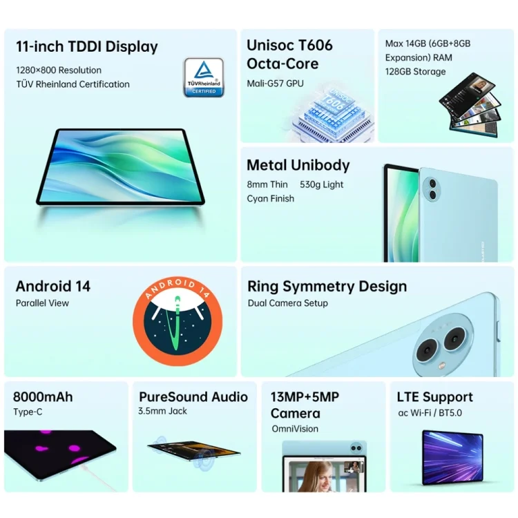 EDA006789601A_4.webp Teclast P50 Tablet PC 11 inch,  Android 14 Unisoc T606 Octa Core, 4G LTE Dual SIM - Image 5