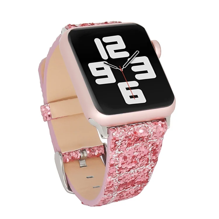 Glitter Sequins Leather Replacement Strap Watchband, For Apple Watch 5 & 4 44mm / 3 & 2 & 1 42mm, For Apple Watch Series 7 41mm / 6 & SE & 5 & 4 40mm / 3 & 2 & 1 38mm...