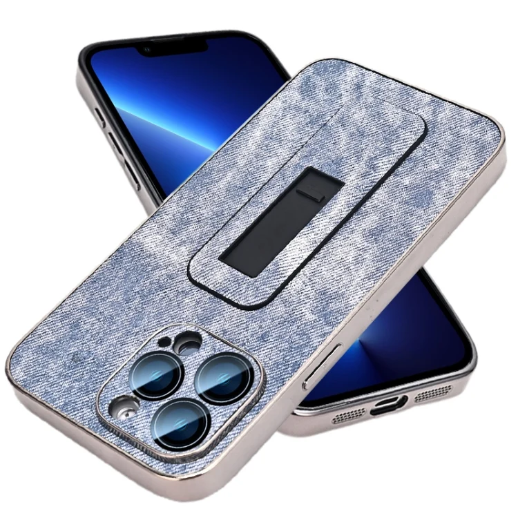 EDA006809010A.webp Denim Pattern Electroplated Push-pull Bracket Cooling Phone Case, For iPhone 13 Pro, For iPhone 13, For iPhone 12 - Image 1