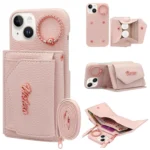 VIETAO Ring Holder Wallet PU Phone Case with Lanyard, For iPhone 15, For iPhone 14, For iPhone 14 Pro
