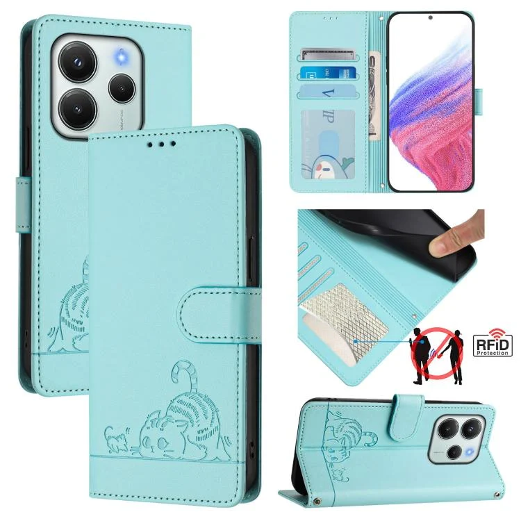 EDA006944607A.webp Cat Rat Embossed Pattern RFID Leather Phone Case with Lanyard, For Redmi Note 14 4G 164.84mm, For Redmi K80 5G / K80 Pro 5G, For Redmi Note 14 5G - Image 1