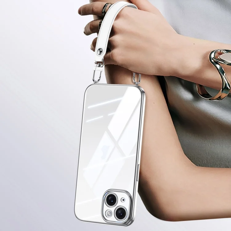 SULADA  Electroplated Clear TPU Soft Frame Phone Case with Wrist Strap, For iPhone 13