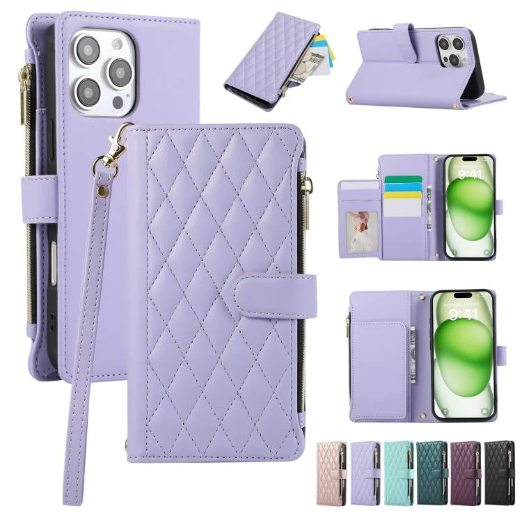 Rhombic Zipper Wallet Leather Phone Case, For iPhone 16 Pro Max, For iPhone 16 Pro, For iPhone 16 Plus