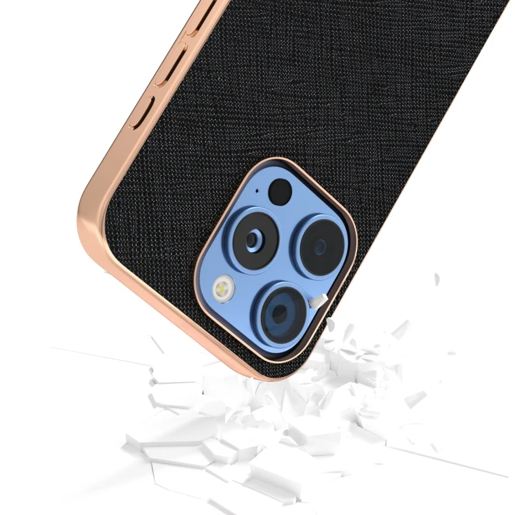 EDA007099501A_3.webp ABEEL Electroplating Frame Cross Texture Genuine Leather Phone Case, For iPhone 16 Pro Max, For iPhone 16 Pro, For iPhone 16 Plus, For iPhone 16 - Image 4