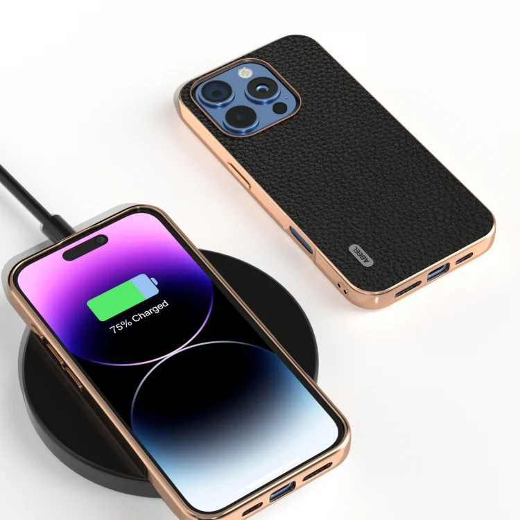 EDA007099601A_1.webp ABEEL Electroplating Frame Genuine Leather Litchi Texture Phone Case, For iPhone 16 Pro Max, For iPhone 16 Pro, For iPhone 16 Plus, For iPhone 16 - Image 2