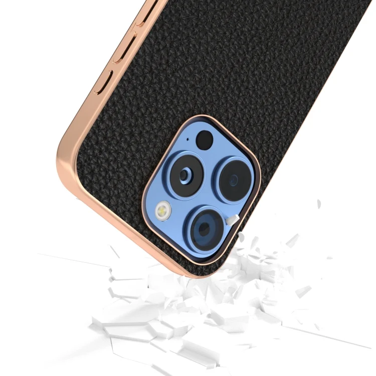 EDA007099601A_3.webp ABEEL Electroplating Frame Genuine Leather Litchi Texture Phone Case, For iPhone 16 Pro Max, For iPhone 16 Pro, For iPhone 16 Plus, For iPhone 16 - Image 4