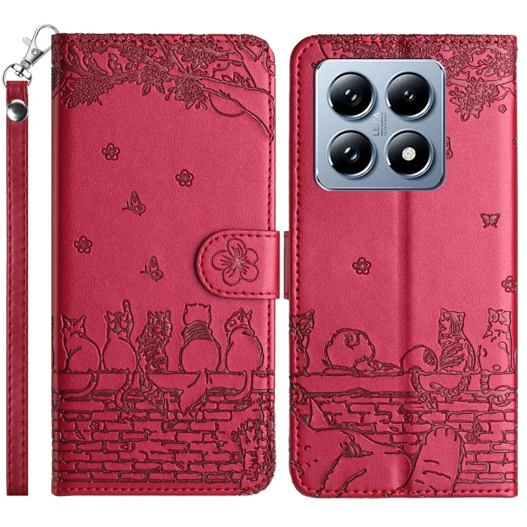 Cat Embossing Pattern Leather Phone Case with Lanyard, For Xiaomi 14T Pro, For Xiaomi 14T
