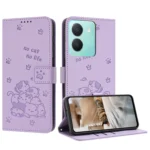 Embossed Kitten Phone Leather Case with Lanyard, For vivo Y36 4G / 5G Global