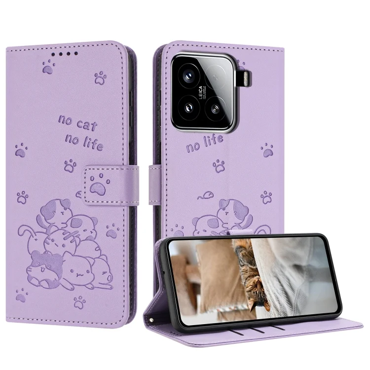 Embossed Kitten Phone Leather Case with Lanyard, For Xiaomi 15, For Xiaomi 14T Pro 5G Global, For Xiaomi 14T Global
