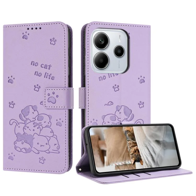 EDA007186833A.webp Embossed Kitten Phone Leather Case with Lanyard, For Redmi Note 14 4G 164.84mm, For Redmi Turbo 4 / Xiaomi Poco X7 Pro, For Redmi K80 / K80 Pro - Image 1