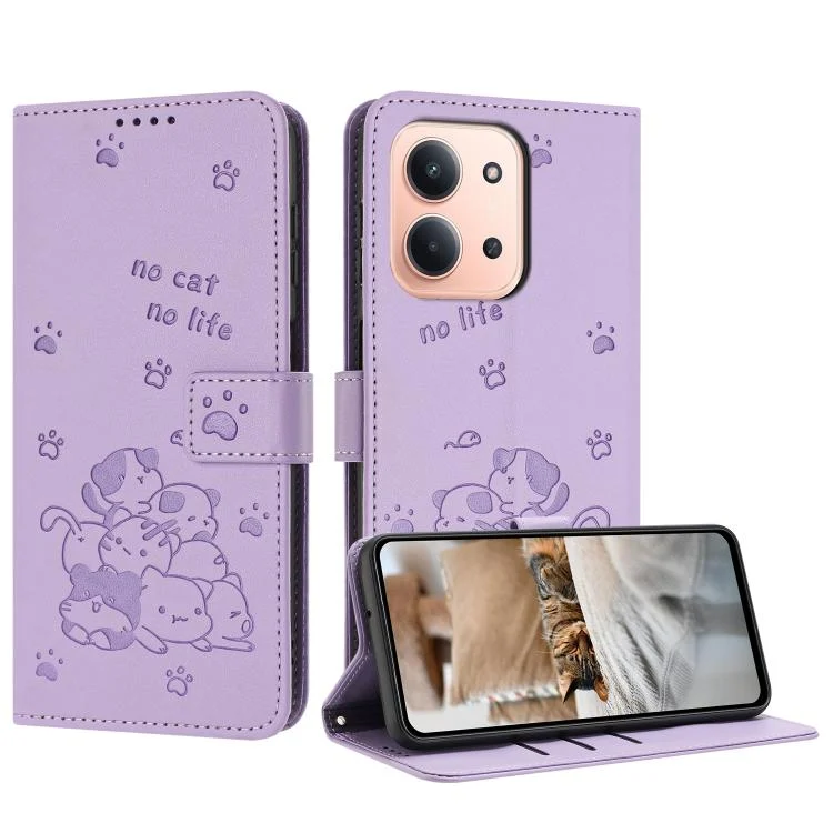 Embossed Kitten Phone Leather Case with Lanyard, For Redmi 15C 4G 171.5mm / Poco C85 4G, For Redmi 15C 4G / 5G 173.1mm, For Redmi A5 4G 171.7mm / Poco C71