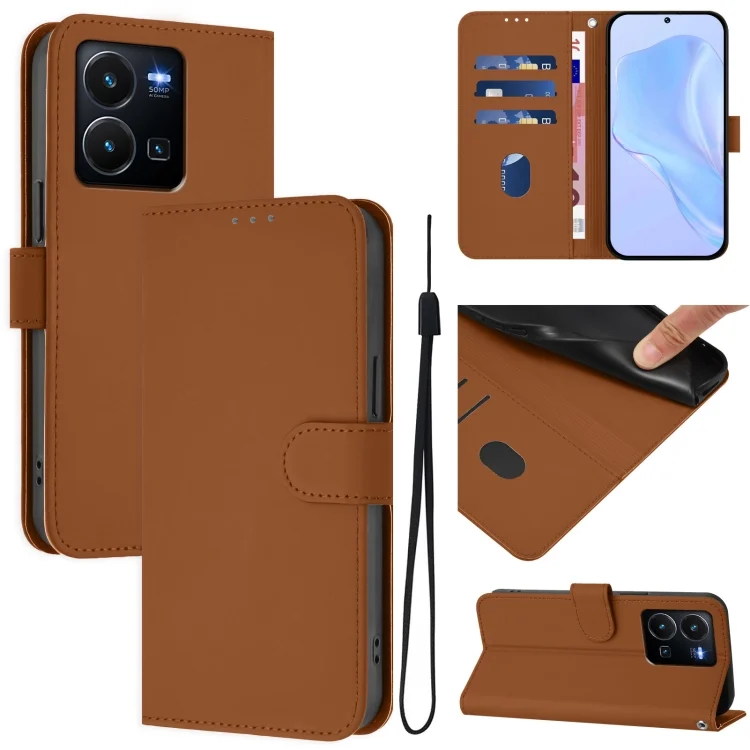 Skin Feel Solid Color Leather Phone Case with Lanyard, For vivo Y35 4G Global / Y22S 4G Global