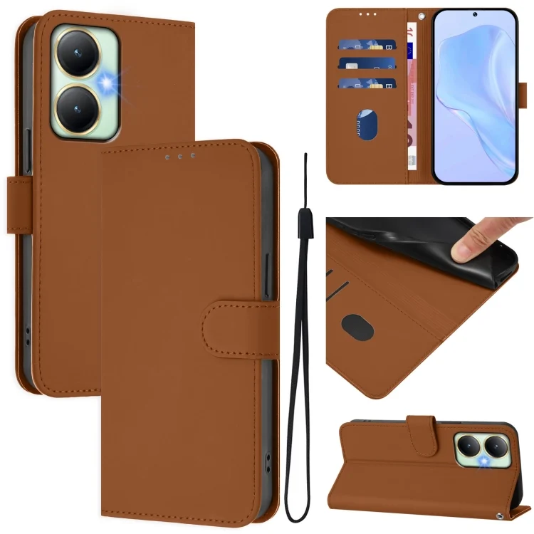 Skin Feel Solid Color Leather Phone Case with Lanyard, For vivo Y27 4G 2023 Global