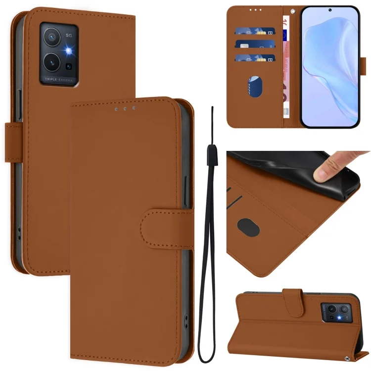 Skin Feel Solid Color Leather Phone Case with Lanyard, For vivo Y55S 2023 5G / Y55 5G Global