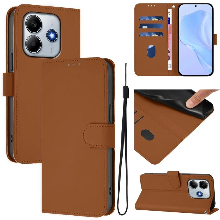 Skin Feel Solid Color Leather Phone Case with Lanyard, For Redmi Note 14 5G Global
